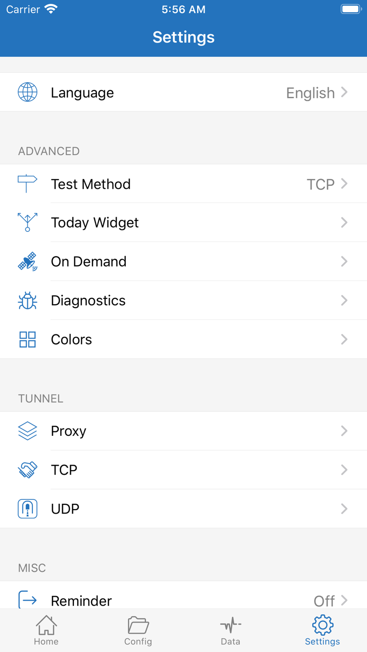Official App Store screenshot: Shadowrocket Settings screen showing options such as Test Method, On Demand, and Diagnostics