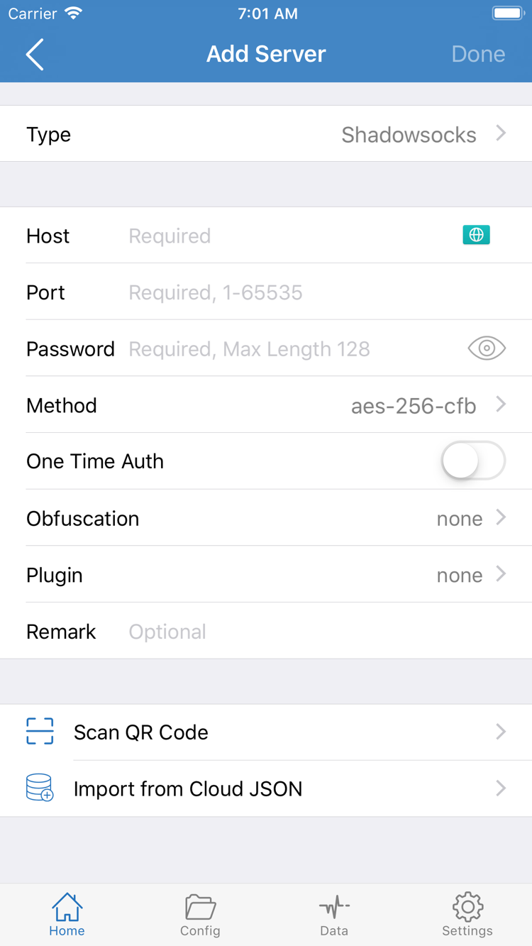 Official App Store screenshot: Shadowrocket Add Server screen showing fields such as Type, Host, Port, Password, and Method