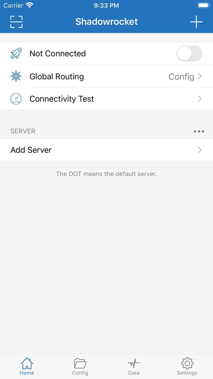 Official App Store screenshot: Shadowrocket Home screen showing the Not Connected switch, Global Routing, Connectivity Test, and SERVER section